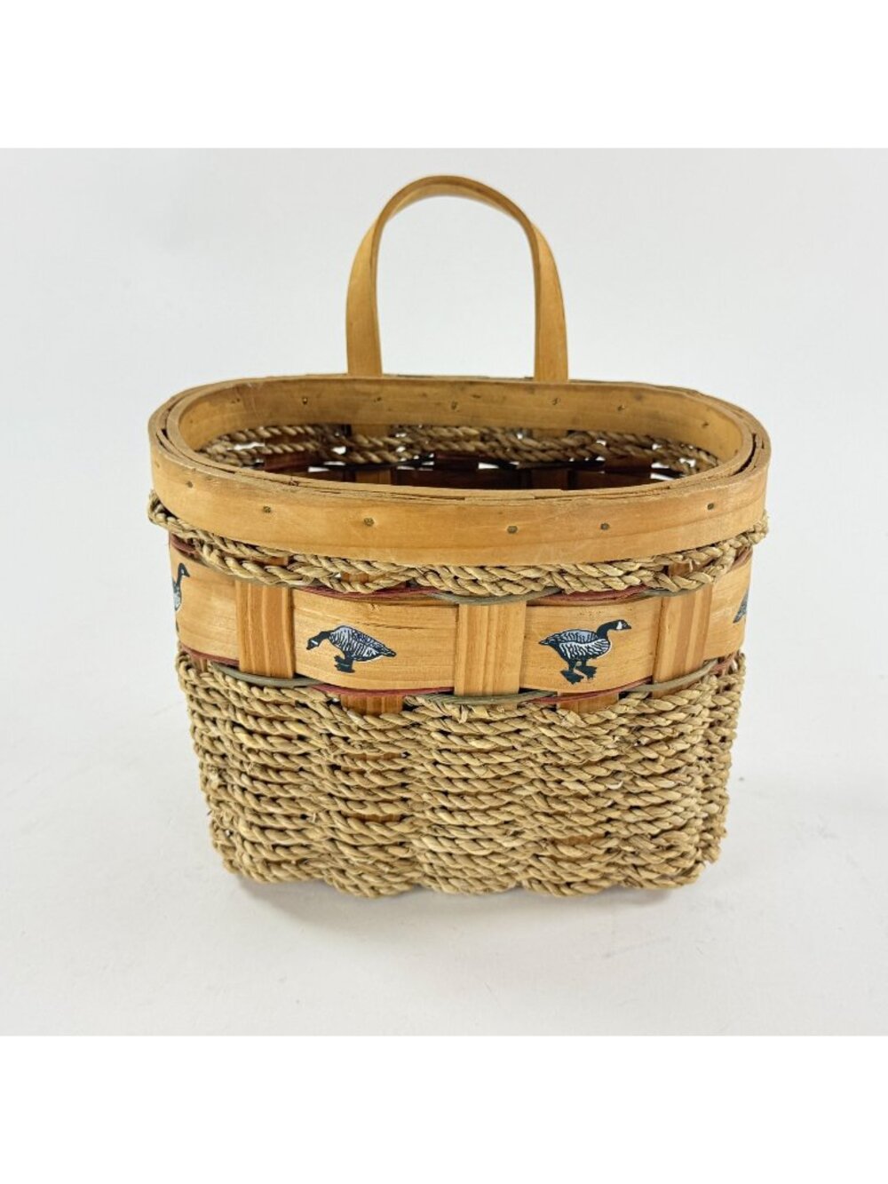 Decorative Woven Basket With Wooden Handles w/ Goose Accents